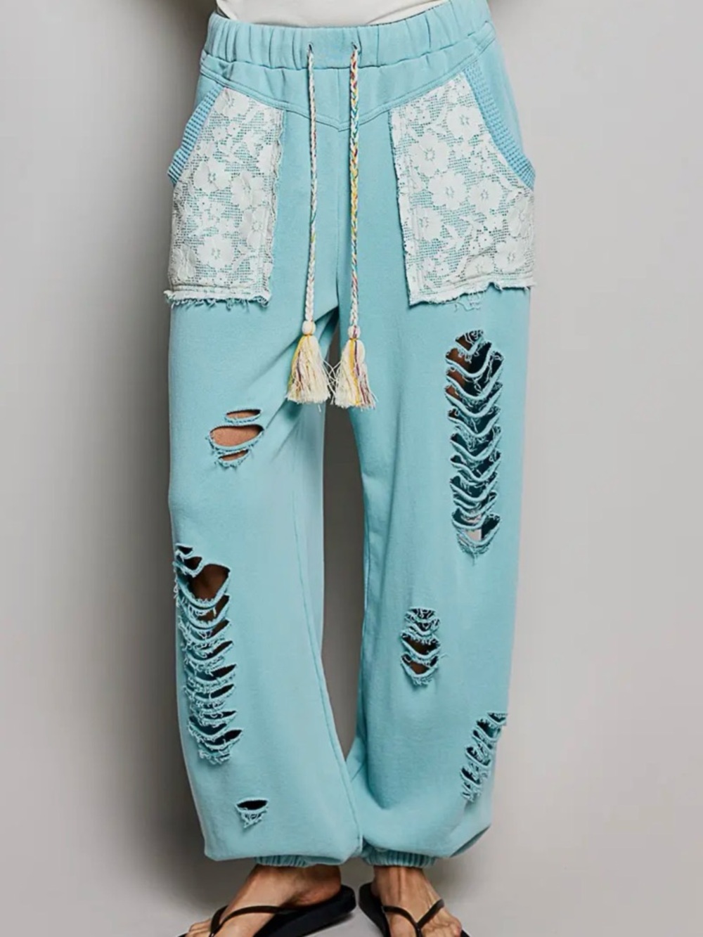 NEW 7/20 RESTOCKED POL Light Blue French Terry Distressed Lace Patch Jogger